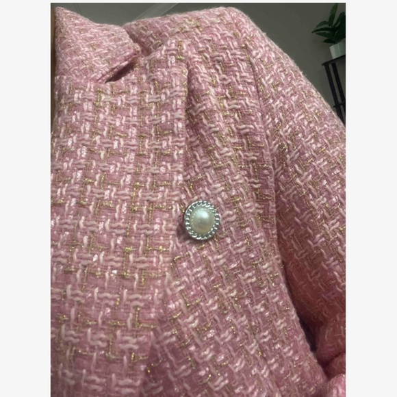 Classic Plaid Tweed Double Breasted Pink Blazer Jacket Long Sleeve - Picture 9 of 11